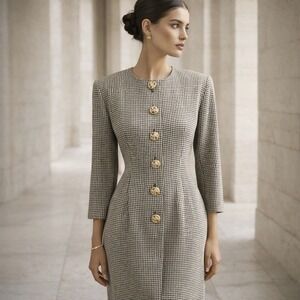 Vtg 90s SANTA FE Houndstooth Coat Dress 2 Midi Longline Blazer Gold Crest Button